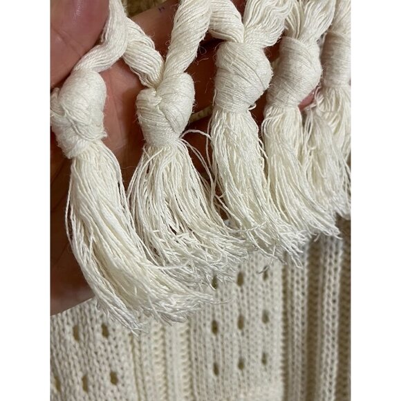 Vintage Cable Knit Fringe Sweater L Cream Tassel Neutral Retro Classic Chic 80s - Picture 9 of 11